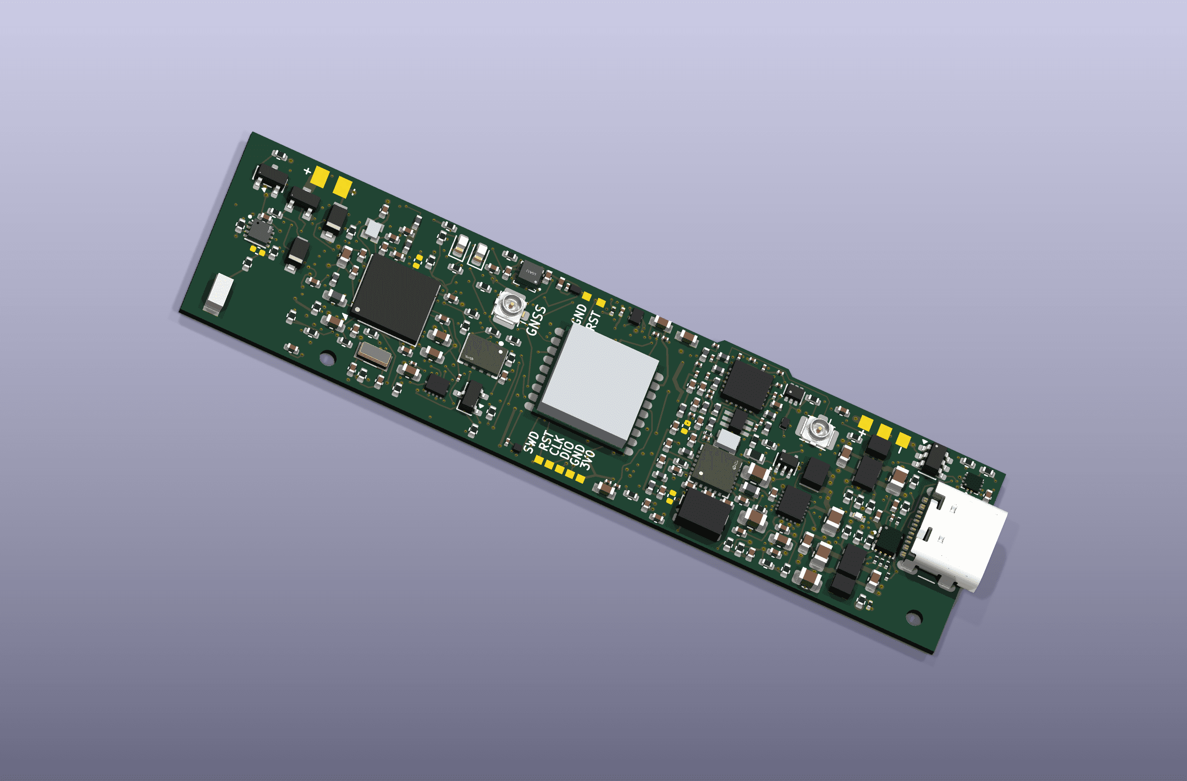 Angled KiCad render of the VEIL A5 r101p component side