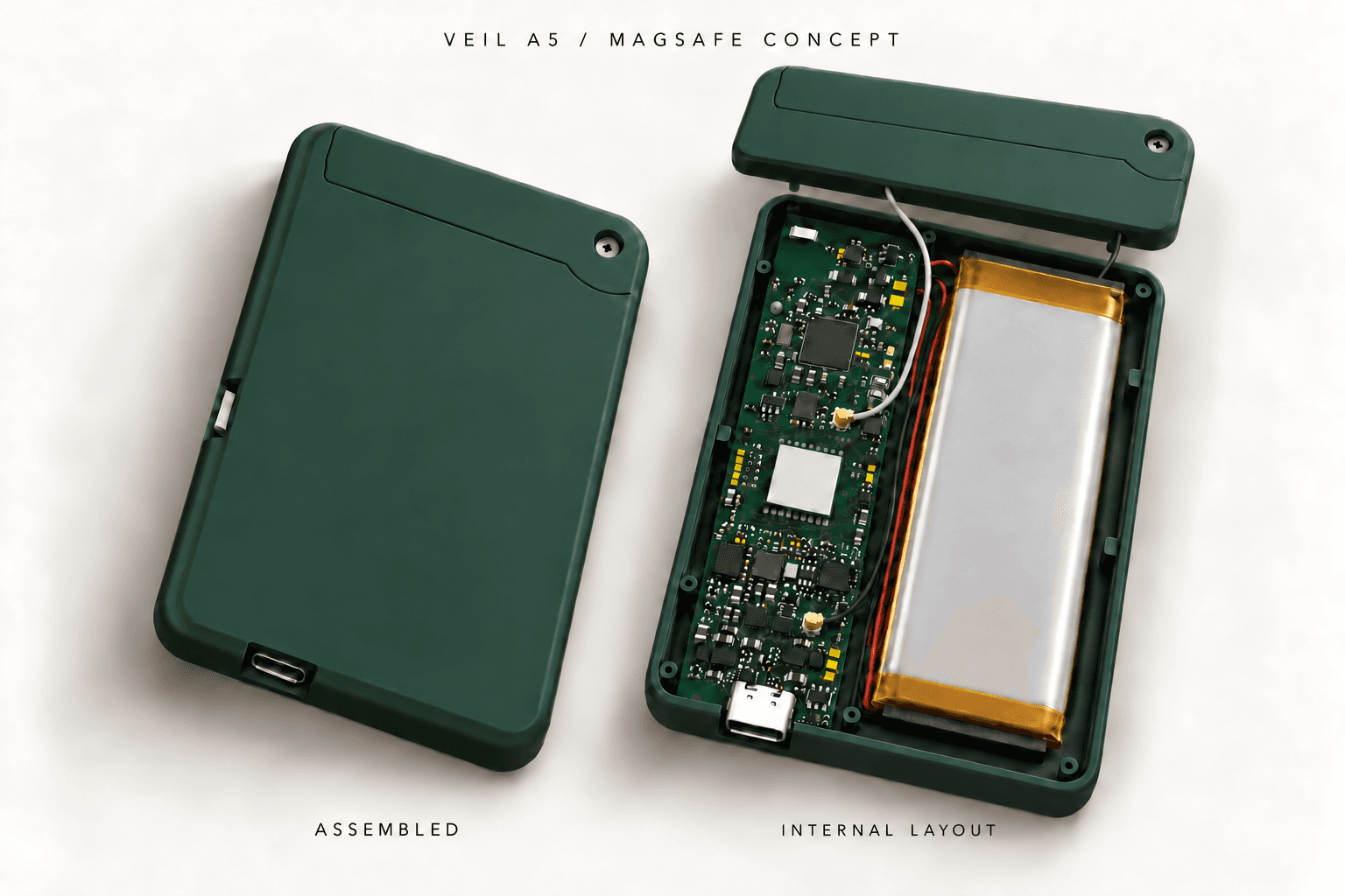 Assembled and exploded MagSafe concepts with the A5 board beside a pouch battery and separate antenna cables