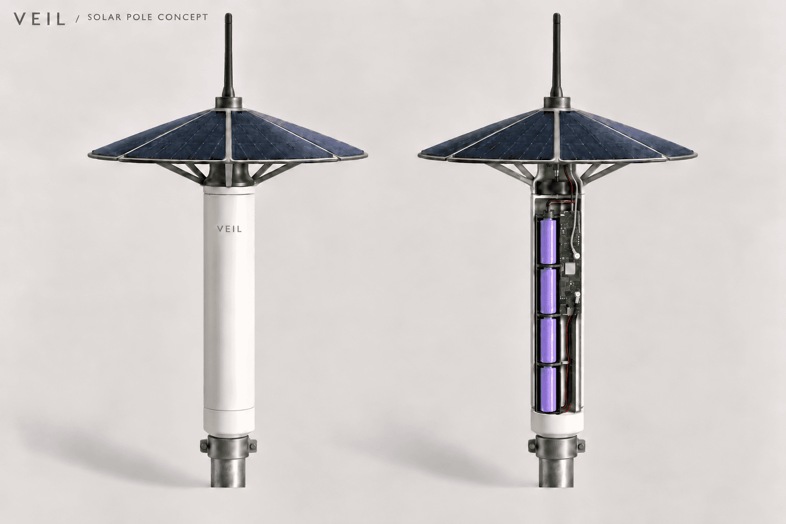 Pole-mounted solar repeater concept with cylindrical housing, top antenna, solar canopy and end-to-end 18650 cells