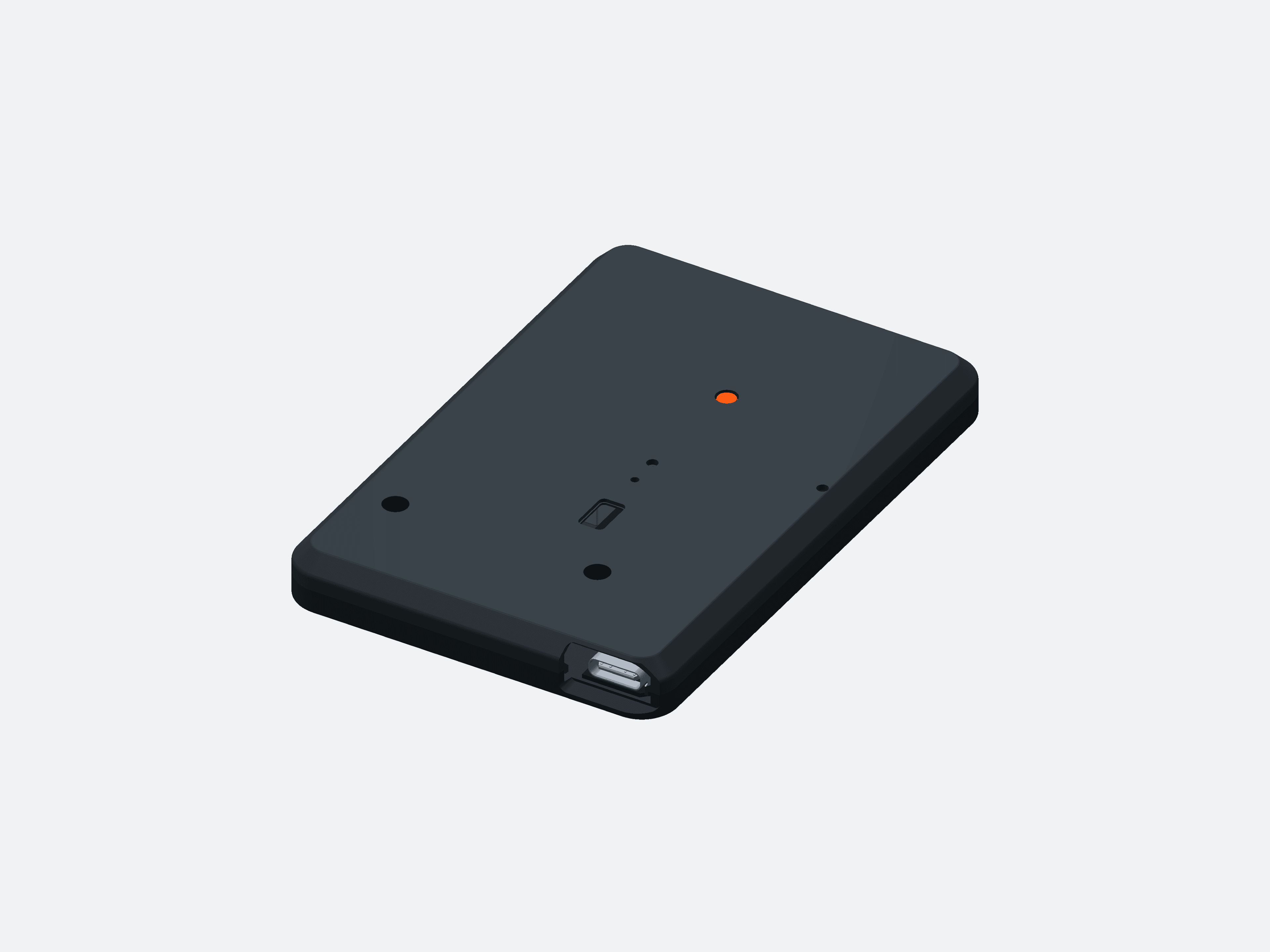 VEIL mesh node H5 CAD assembly with a flat graphite lid, rounded rim, orange button, and bottom USB-C port