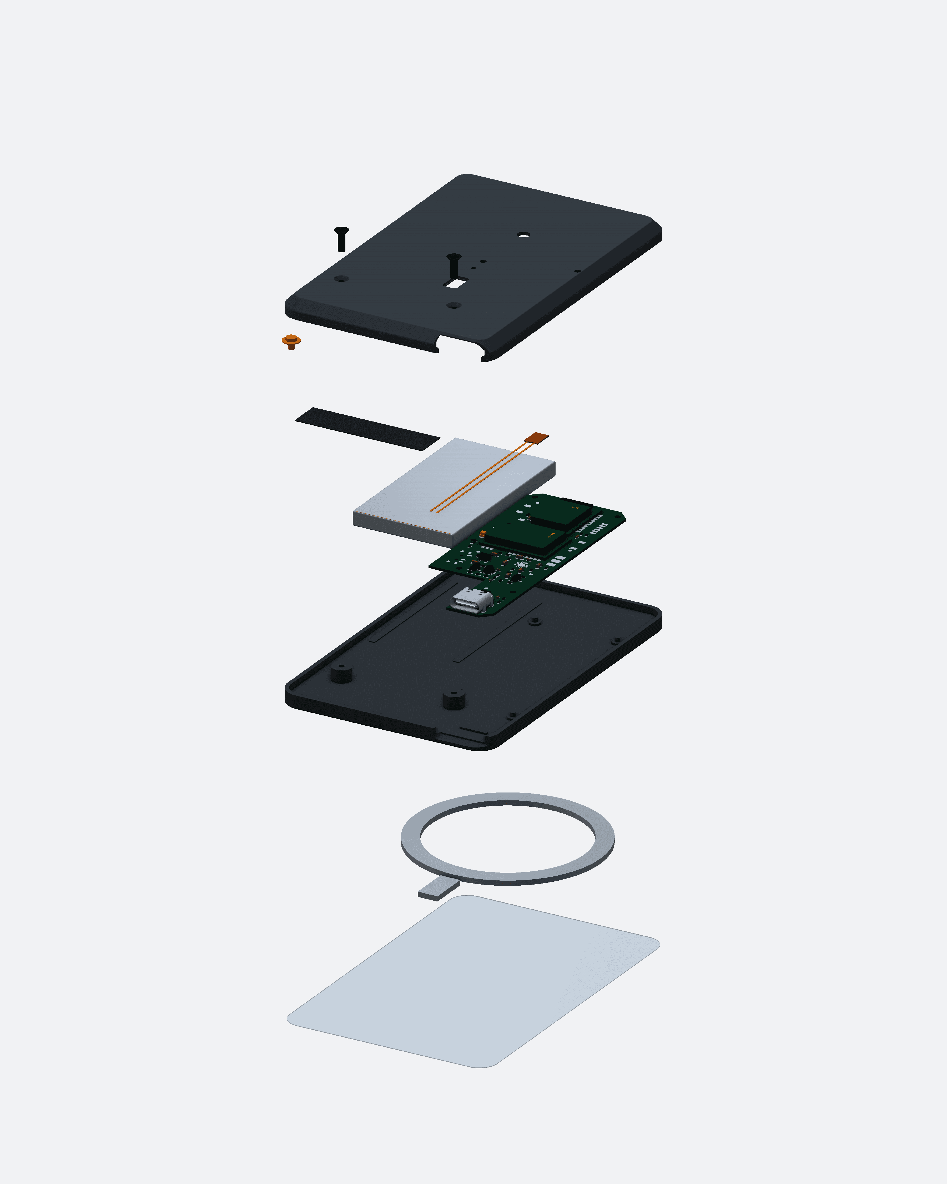Exploded H5 CAD with the lid, battery, sensor, antenna, populated board, base, magnets, and phone-contact film separated into layers
